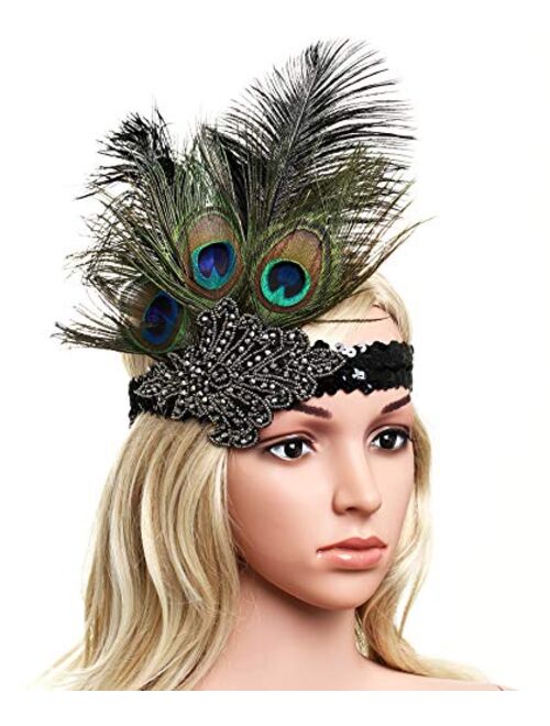 BABEYOND 1920s Flapper Peacock Feather Headband 20s Sequined Showgirl Headpiece (Style-4)