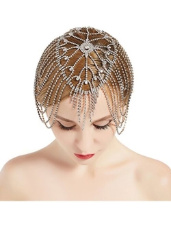 BABEYOND Vintage Bridal Headpiece Roaring 20s Crystal Rhinestone Flapper Cap Headpiece for Wedding (Silver)