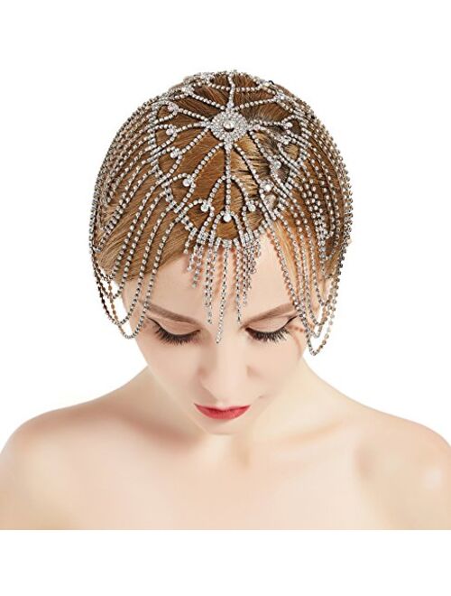 BABEYOND Vintage Bridal Headpiece Roaring 20s Crystal Rhinestone Flapper Cap Headpiece for Wedding (Silver)