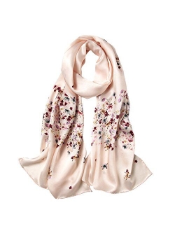 Women's Mulberry Silk Scarf Floral Print Satin Long Scarf Wrap Shawl