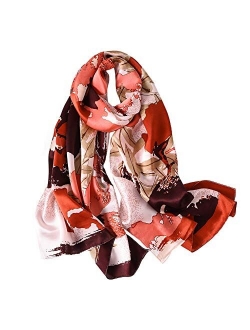 Women's Mulberry Silk Scarf Floral Print Satin Long Scarf Wrap Shawl