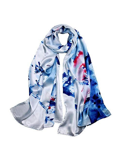 Women's Mulberry Silk Scarf Floral Print Satin Long Scarf Wrap Shawl