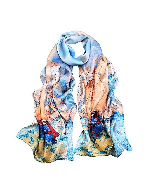 Women's Mulberry Silk Scarf Floral Print Satin Long Scarf Wrap Shawl