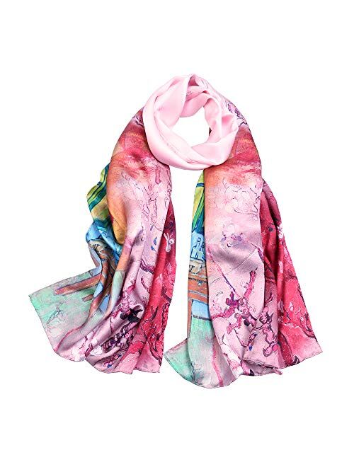 Women's Mulberry Silk Scarf Floral Print Satin Long Scarf Wrap Shawl