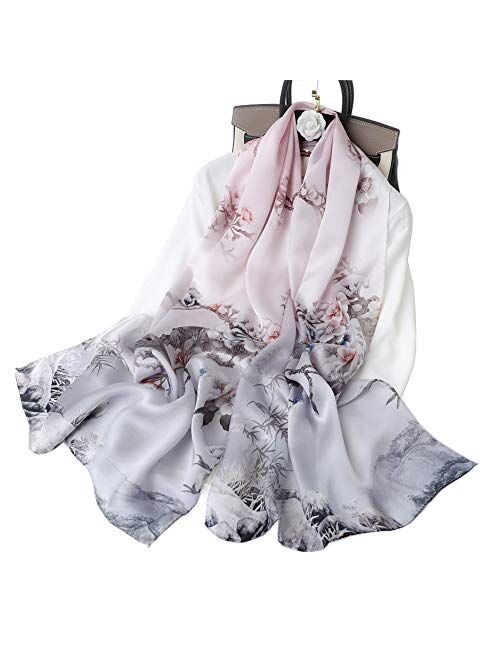 Women's Mulberry Silk Scarf Floral Print Satin Long Scarf Wrap Shawl