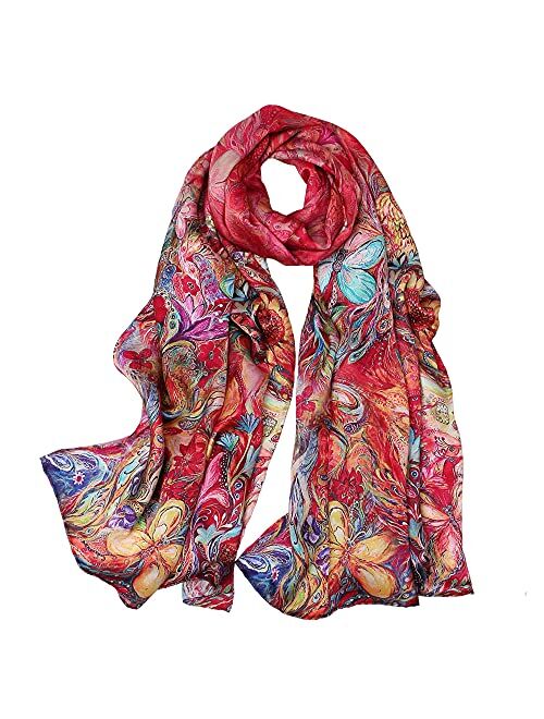 Women's Mulberry Silk Scarf Floral Print Satin Long Scarf Wrap Shawl