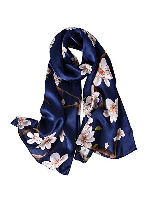 Women's Mulberry Silk Scarf Floral Print Satin Long Scarf Wrap Shawl