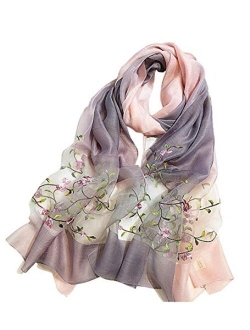 Alysee Women Lightweight Silk&Wool Mixed Gradient Embroidered Scarf Headwrap Shawl