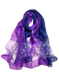 Alysee Women Lightweight Silk&Wool Mixed Gradient Embroidered Scarf Headwrap Shawl