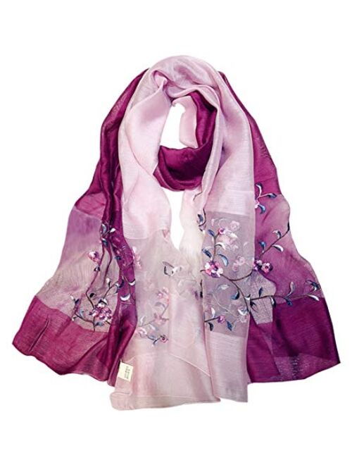 Alysee Women Lightweight Silk&Wool Mixed Gradient Embroidered Scarf Headwrap Shawl