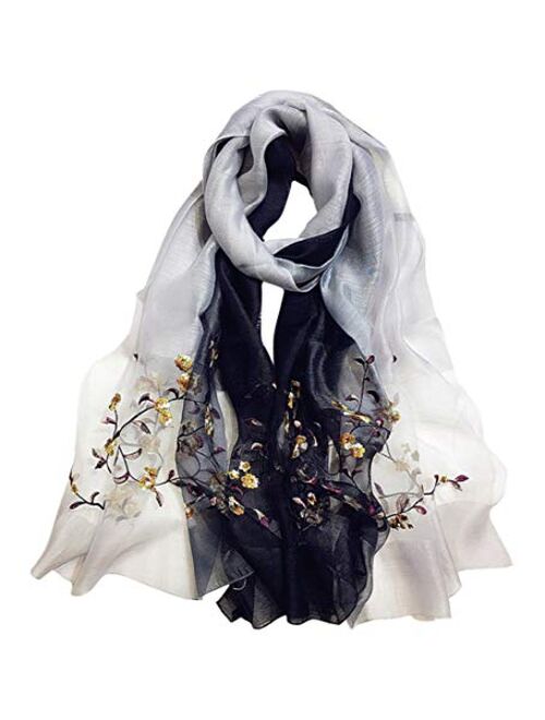 Alysee Women Lightweight Silk&Wool Mixed Gradient Embroidered Scarf Headwrap Shawl