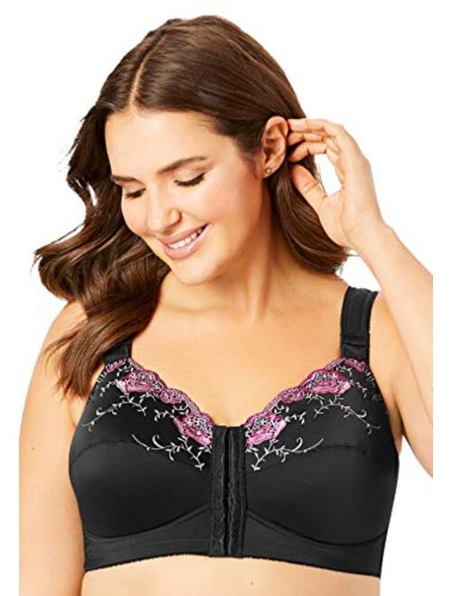 Comfort Choice Women's Plus Size Front-Close Embroidered Wireless Posture Corrector Bra