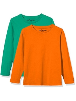 Kids Unisex 2 Packs 100% Cotton Tagless Long Sleeve Crewneck T Shirt Top for Boys or Girls 4-12 Years