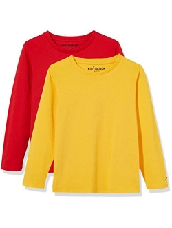 Kids Unisex 2 Packs 100% Cotton Tagless Long Sleeve Crewneck T Shirt Top for Boys or Girls 4-12 Years