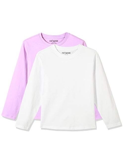 Kids Unisex 2 Packs 100% Cotton Tagless Long Sleeve Crewneck T Shirt Top for Boys or Girls 4-12 Years