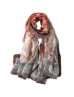 100% Pure Silk Feeling Women Large Long Scarf Shawl Check Style Sunscreen Shawls Wraps-Lightweight Floral Pattern