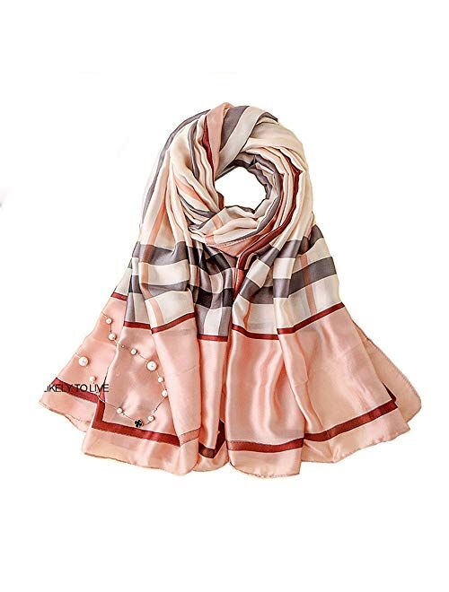 100% Pure Silk Feeling Women Large Long Scarf Shawl Check Style Sunscreen Shawls Wraps-Lightweight Floral Pattern