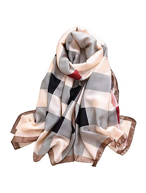 100% Pure Silk Feeling Women Large Long Scarf Shawl Check Style Sunscreen Shawls Wraps-Lightweight Floral Pattern