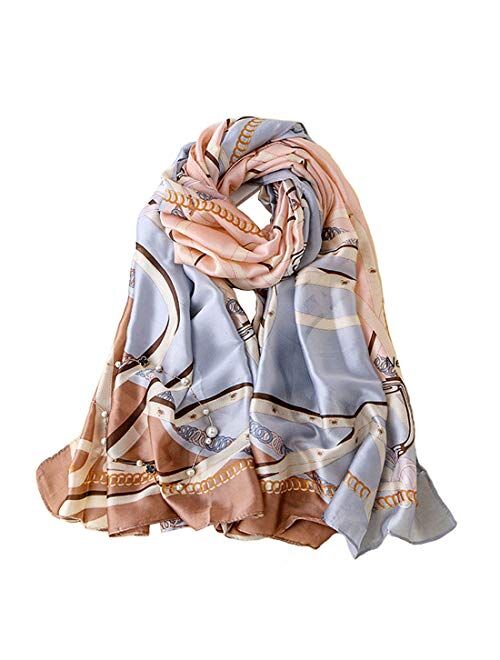 100% Pure Silk Feeling Women Large Long Scarf Shawl Check Style Sunscreen Shawls Wraps-Lightweight Floral Pattern