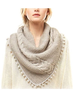 MIRMARU Women's Soft Warm Cable Knitted Loop Tube Infinity Scarf Wrap Shawl with Pom Pom Tassel