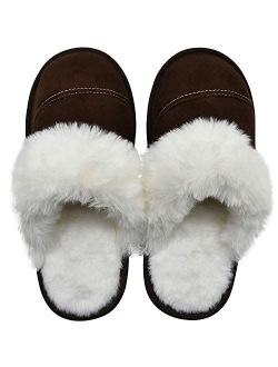 Womens Faux Fur Warm Memory Foam Slippers Suede Slip-on Cozy House Shoes Non-Slip Sole