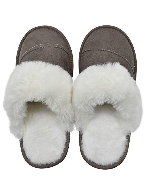 Womens Faux Fur Warm Memory Foam Slippers Suede Slip-on Cozy House Shoes Non-Slip Sole