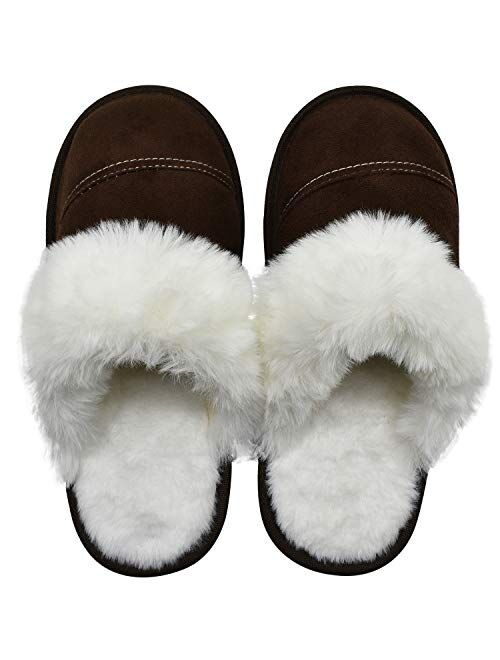 Womens Faux Fur Warm Memory Foam Slippers Suede Slip-on Cozy House Shoes Non-Slip Sole