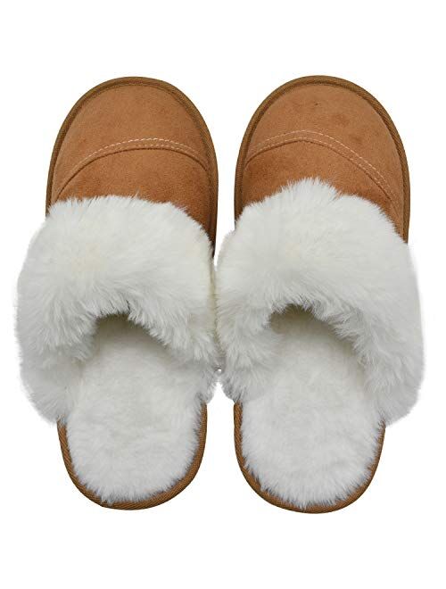 Womens Faux Fur Warm Memory Foam Slippers Suede Slip-on Cozy House Shoes Non-Slip Sole