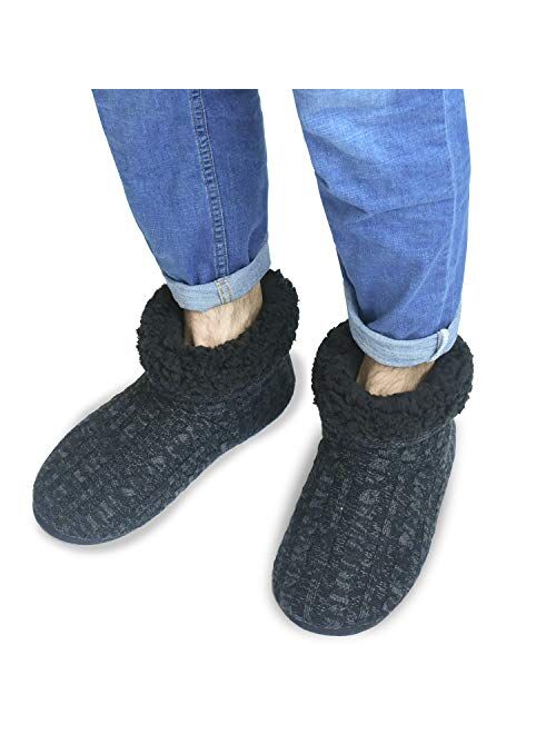 ONCAI Men’s-Slipper-Boots-Winter-Fleece-House-Slippers Knitted Indoor Flat Warm Wool Booties Pull On Memory Foam Outdoor Anti-Slip Ankle Bedroom Boot Slippers with Soft R