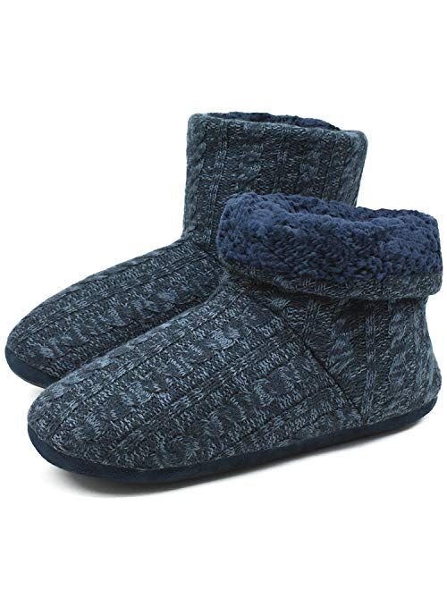 ONCAI Men’s-Slipper-Boots-Winter-Fleece-House-Slippers Knitted Indoor Flat Warm Wool Booties Pull On Memory Foam Outdoor Anti-Slip Ankle Bedroom Boot Slippers with Soft R