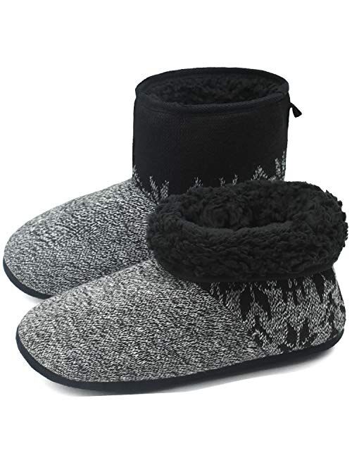 ONCAI Men’s-Slipper-Boots-Winter-Fleece-House-Slippers Knitted Indoor Flat Warm Wool Booties Pull On Memory Foam Outdoor Anti-Slip Ankle Bedroom Boot Slippers with Soft R