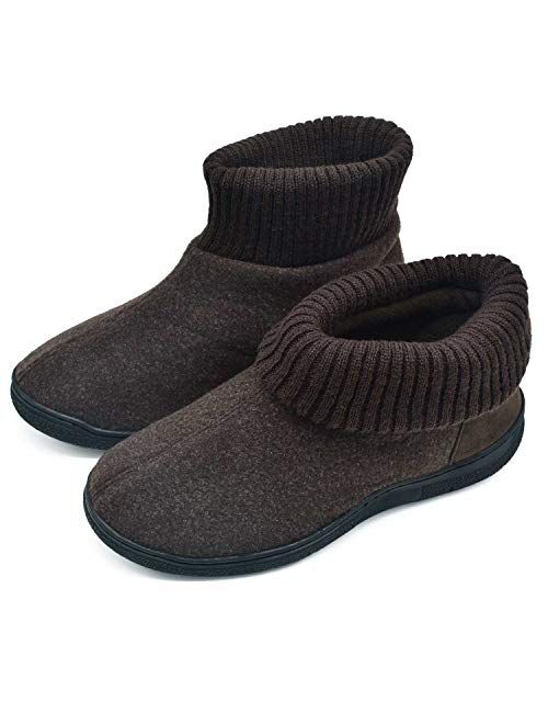 ONCAI Men’s-Slipper-Boots-Winter-Fleece-House-Slippers Knitted Indoor Flat Warm Wool Booties Pull On Memory Foam Outdoor Anti-Slip Ankle Bedroom Boot Slippers with Soft R