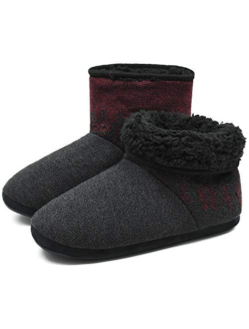 ONCAI Men’s-Slipper-Boots-Winter-Fleece-House-Slippers Knitted Indoor Flat Warm Wool Booties Pull On Memory Foam Outdoor Anti-Slip Ankle Bedroom Boot Slippers with Soft R