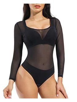 Women's Sexy Bodysuits Jumpsuit Scoop Neck Long Sleeve Shirt Sheer Mesh Leotard Stretchy Bodysuit Tops