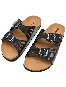 Womens Flat Slide Sandals with Arch Support 2 Strap Adjustable Buckle Slip on Slides Shoes Non Slip Rubber Sole