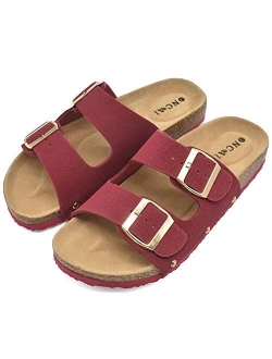 Womens Flat Slide Sandals with Arch Support 2 Strap Adjustable Buckle Slip on Slides Shoes Non Slip Rubber Sole