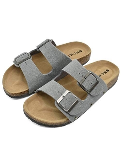 Womens Flat Slide Sandals with Arch Support 2 Strap Adjustable Buckle Slip on Slides Shoes Non Slip Rubber Sole