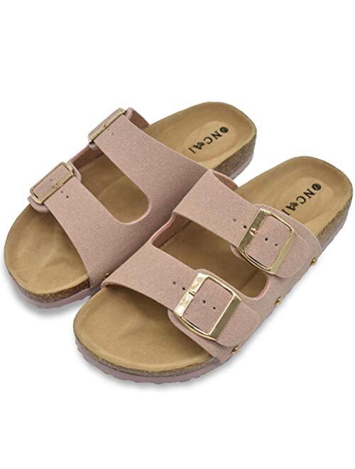 Womens Flat Slide Sandals with Arch Support 2 Strap Adjustable Buckle Slip on Slides Shoes Non Slip Rubber Sole