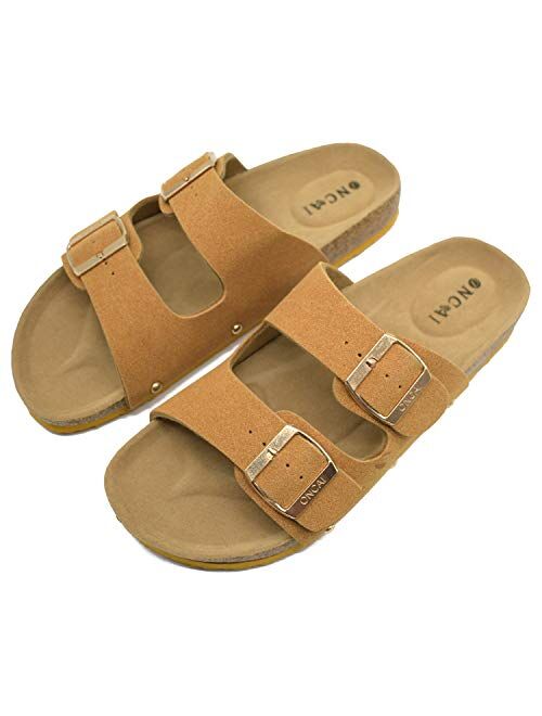 Womens Flat Slide Sandals with Arch Support 2 Strap Adjustable Buckle Slip on Slides Shoes Non Slip Rubber Sole