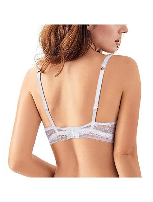 BRABIC Women Lace Bra Padded Bralette Wirefree Deep V Plunge Push Up Bra, Comfortable A-D Thin Mold Cup
