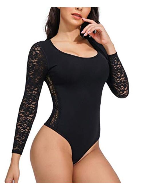 BRABIC Shapewear Bodysuit for Women Lace Long Sleeve Tops Scoop Neck T Shirts Jumpsuits