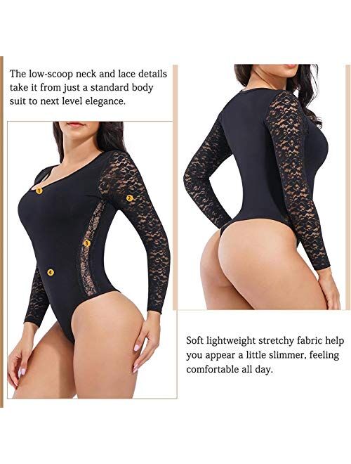 BRABIC Shapewear Bodysuit for Women Lace Long Sleeve Tops Scoop Neck T Shirts Jumpsuits