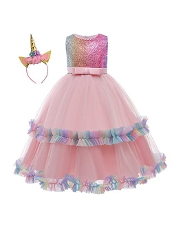 HIHCBF Girls Unicorn Costume Pageant Princess Party Dress Wedding Birthday Halloween Carnival Long Maxi Gown w/Headband