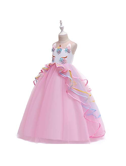 HIHCBF Girls Unicorn Costume Pageant Princess Party Dress Wedding Birthday Halloween Carnival Long Maxi Gown w/Headband