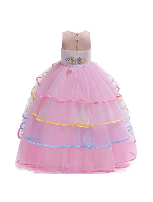 HIHCBF Girls Unicorn Costume Pageant Princess Party Dress Wedding Birthday Halloween Carnival Long Maxi Gown w/Headband