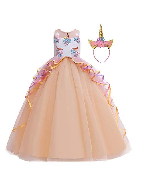 HIHCBF Girls Unicorn Costume Pageant Princess Party Dress Wedding Birthday Halloween Carnival Long Maxi Gown w/Headband