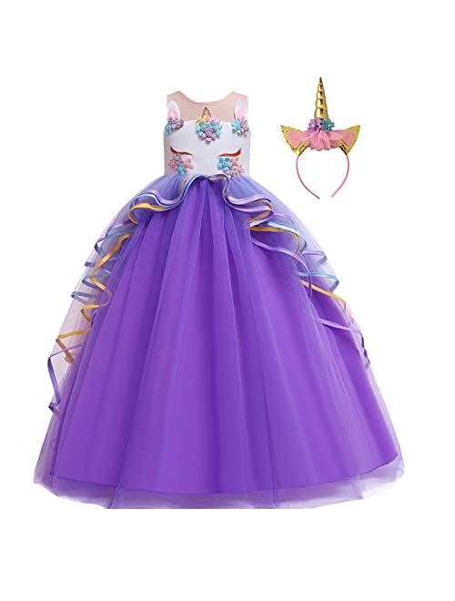 HIHCBF Girls Unicorn Costume Pageant Princess Party Dress Wedding Birthday Halloween Carnival Long Maxi Gown w/Headband