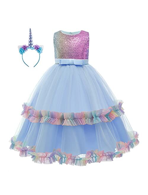 HIHCBF Girls Unicorn Costume Pageant Princess Party Dress Wedding Birthday Halloween Carnival Long Maxi Gown w/Headband