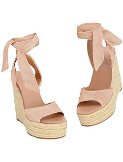 Womens Open Toe Tie Lace Up Espadrille Platform Wedges Sandals Ankle Strap Slingback Dress Shoes