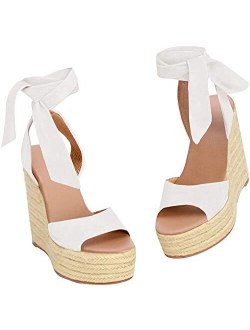 Womens Open Toe Tie Lace Up Espadrille Platform Wedges Sandals Ankle Strap Slingback Dress Shoes